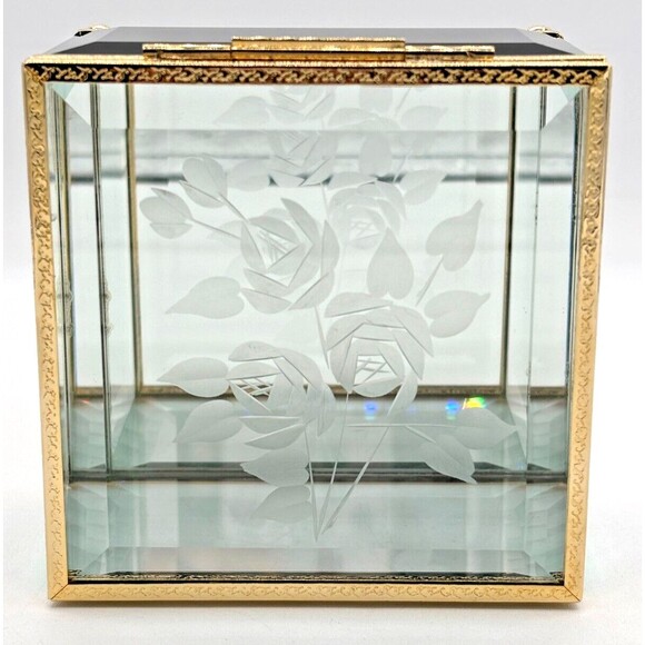 Crystal Glass Mirrored Jewelry Trinket Box Beveled Footed Etched Flower Embossed - Picture 12 of 16